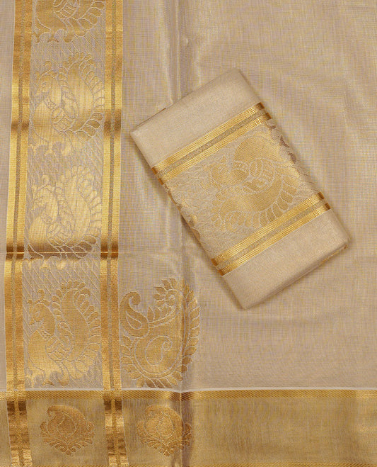 Cream colour Tissue silk set mund Featuring Elegant plain body, Complemented by Gold zari Peacock design border.