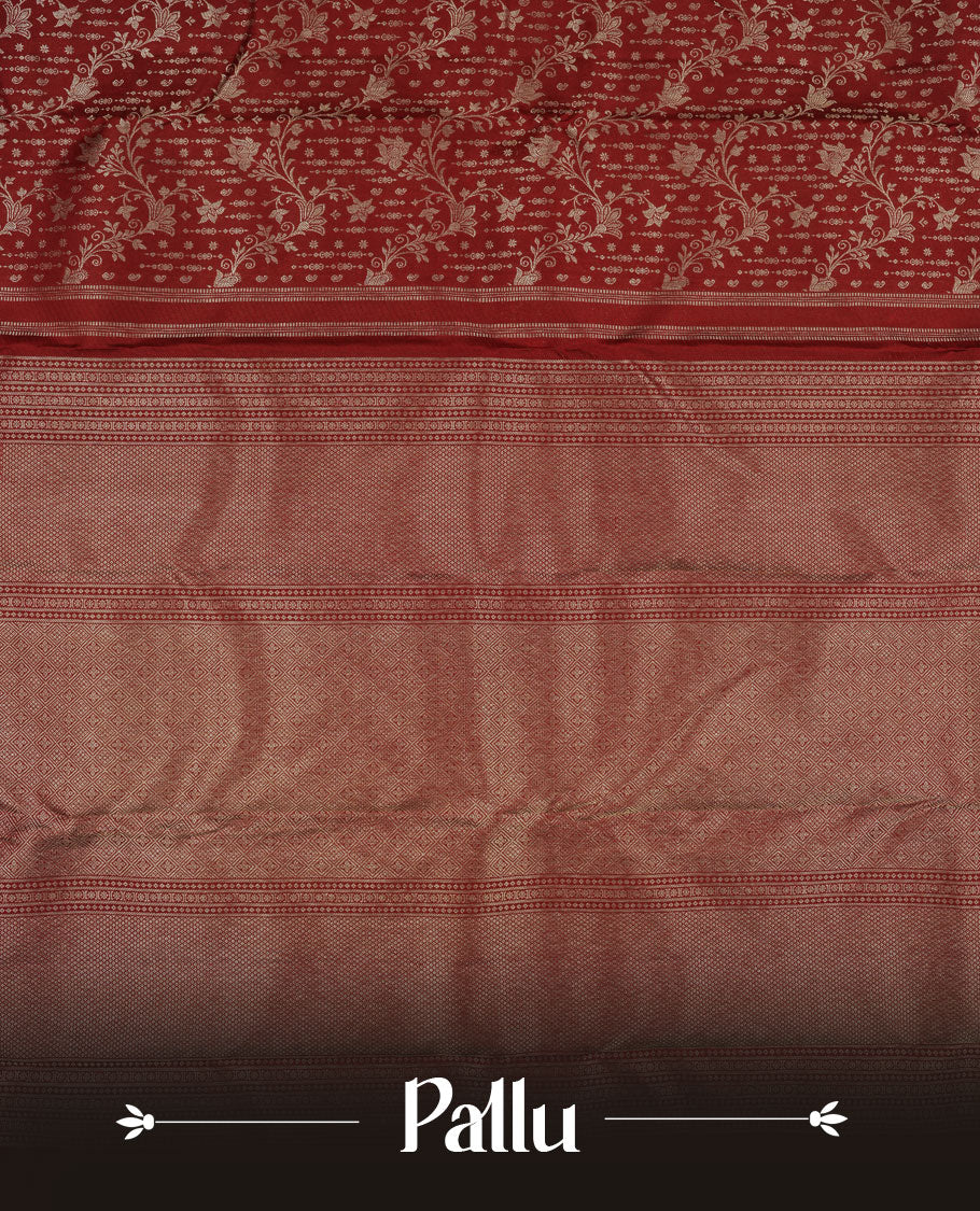 Ruby red colour Kanchipuram pattern Manthrakodi saree featuring antique kodi zari jacquard design on the body, complemented with a graceful self turning border and a matching zari jacquard blouse piece.