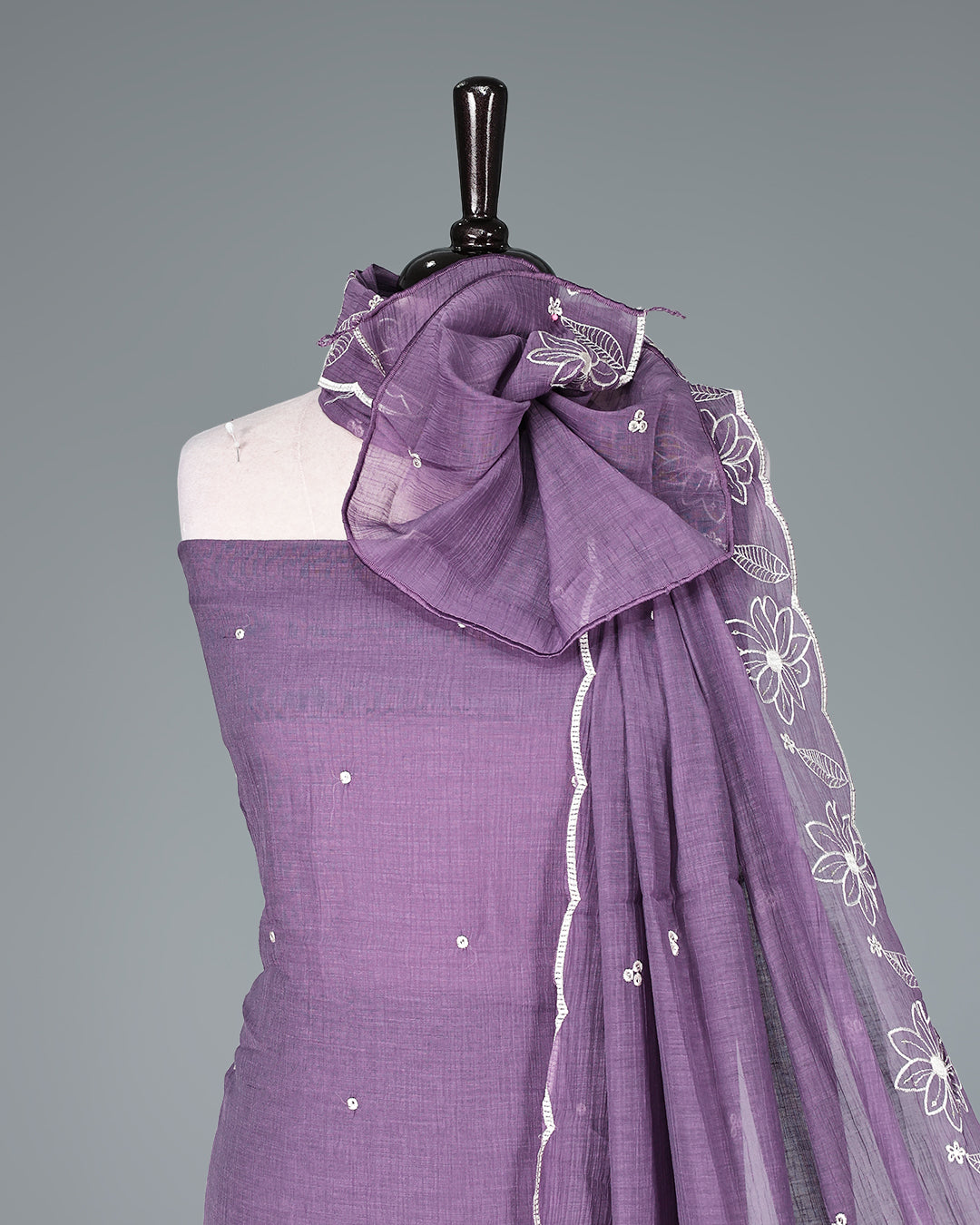 Lavender Purple Colour Mul Chanderi Salwar Material Featuring Elegant White Floral Thread Embroidery on the Kurta, paired with a matching bottom & graceful embroidered Dupatta.