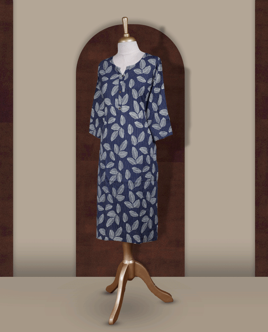Navy blue colour kurthi adorned with elegant beige colour leaf prints, featuring a stylish V notch round neckline and comfy 3/4th sleeves.