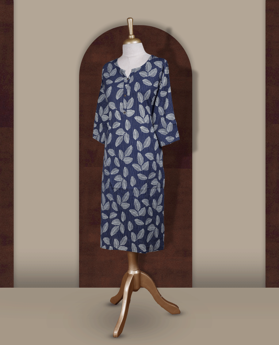 Navy blue colour kurthi adorned with elegant beige colour leaf prints, featuring a stylish V notch round neckline and comfy 3/4th sleeves.