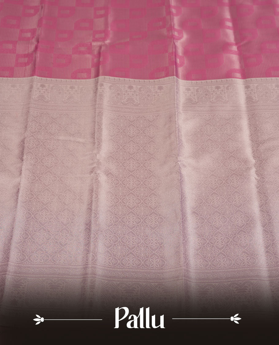 Magenta Pink colour Semi Silk Saree with Self-Checked Geometric Patterns on the Body, Contrasting Silver Zari Woven Pallu and Border Featuring Intricate Motifs and Tassels, Paired with Coordinated Blouse Piece