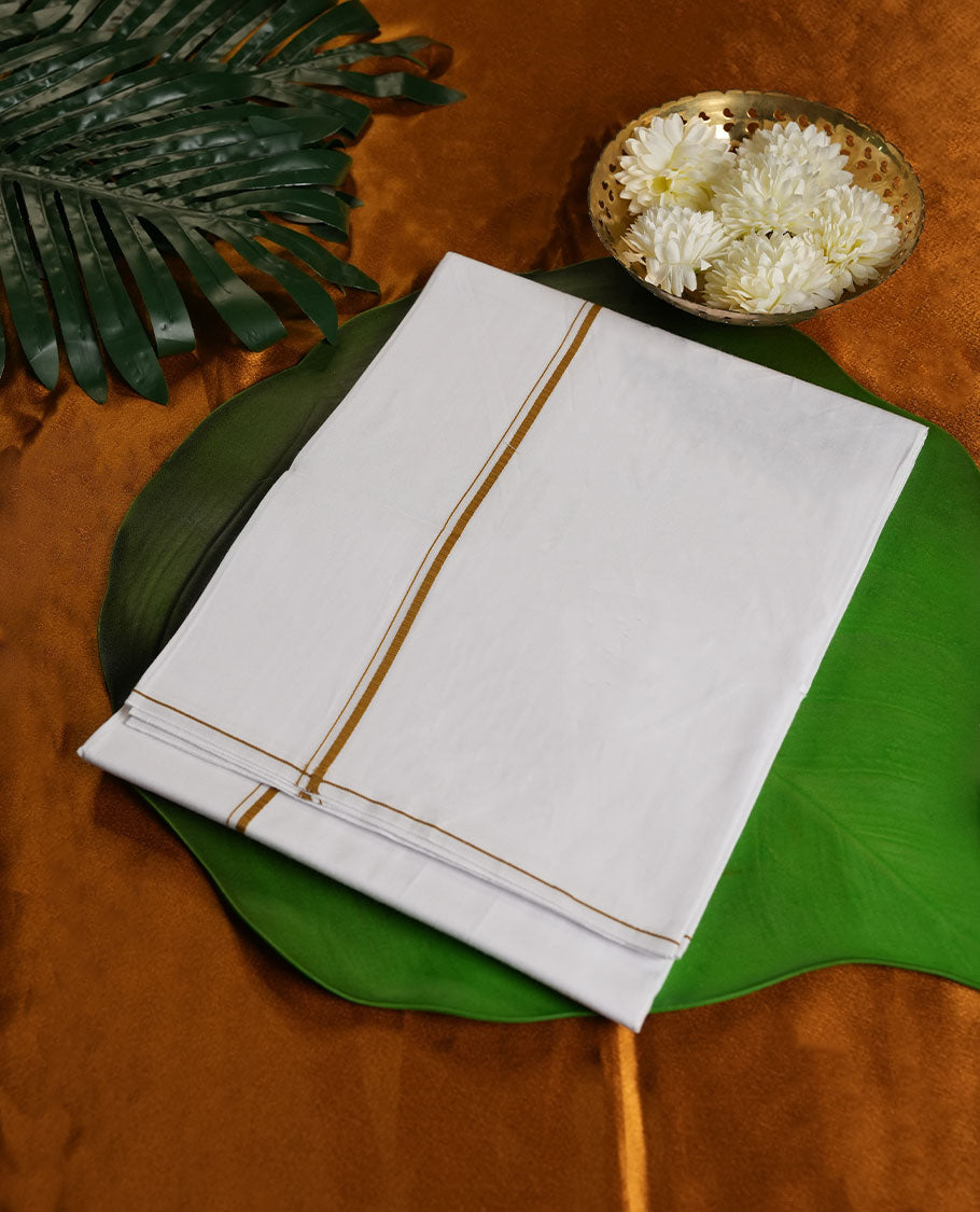 White Colour Pure Cotton single Dhoti with khaki Colour simple Border for Men