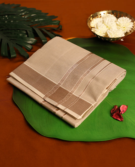 Light Copper Colour Tissue double dhoti with Copper kara, crafted for traditional elegance & comfort, for men.