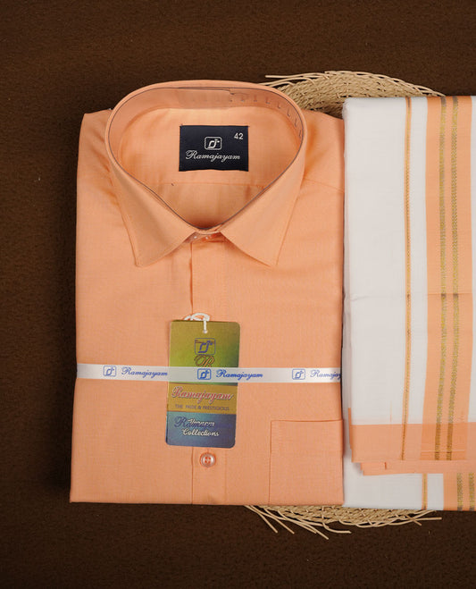 Light orange Colour shirt paired with a matching dhoti, finished with a Light orange and gold border.