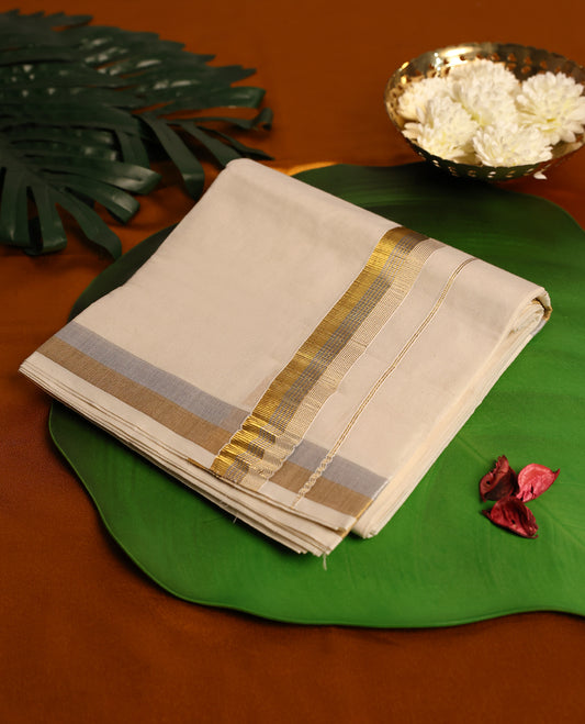 Light ivory Colour cotton double dhoti having Gold with Silver Kara, crafted for traditional elegance & comfort, for men.