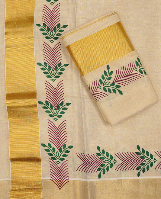 Cream colour Tissue silk set mund Featuring Elegant plain body, Complemented by design print with zari border.