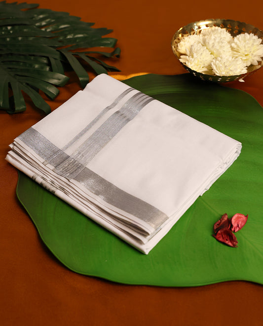 Light ivory Colour cotton single dhoti with 1 Inch Silver kara, crafted for traditional elegance & comfort, for men.