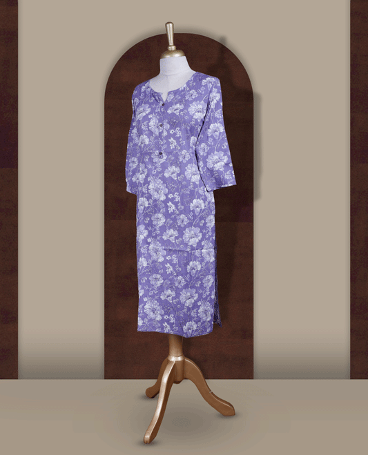 Pastel purple colour kurthi adorned with delicate white floral prints, featuring a stylish V notch round neckline and comfy 3/4th sleeves & Designed in a straight cut silhouette for a graceful, everyday look.