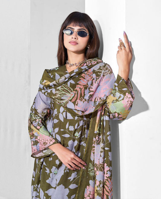 Olive green colour pure muslin suit set featuring purple grey colour digital floral printed top featuring sequin butti embroidery and a scalloped floral embroidered border, paired with a dyed pure viscose muslin bottom and a digital printed dupatta.