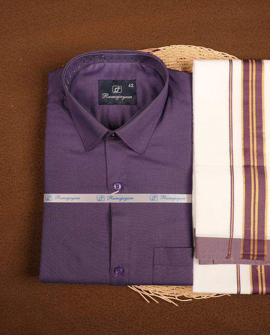 Grape Purple Colour shirt paired with a matching dhoti, finished with a purple and gold border.