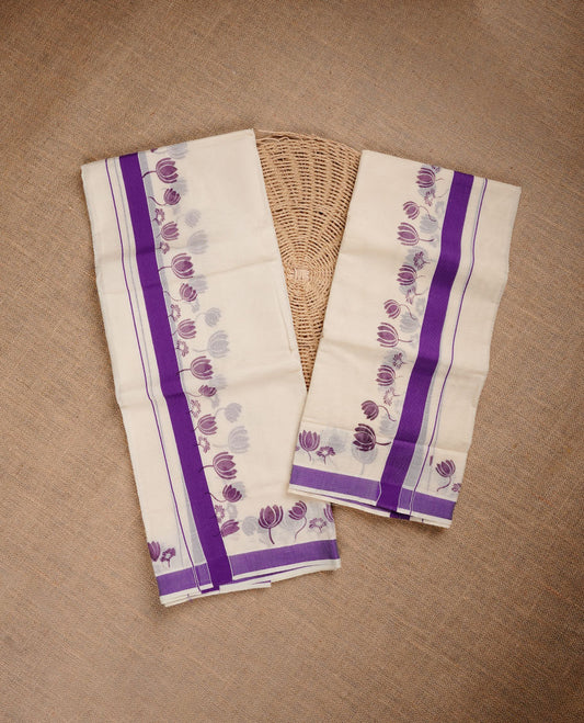 Cream colour cotton set mundu highlighting Purple colour lotus printed & border