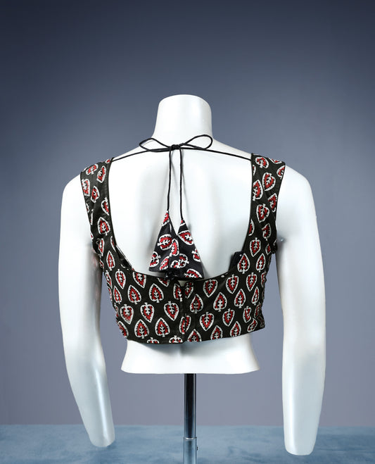 Dark Brown Colour Leaf Block Print, Deep Neck, Attachable Sleeves, Padded, Ready Made Blouse.