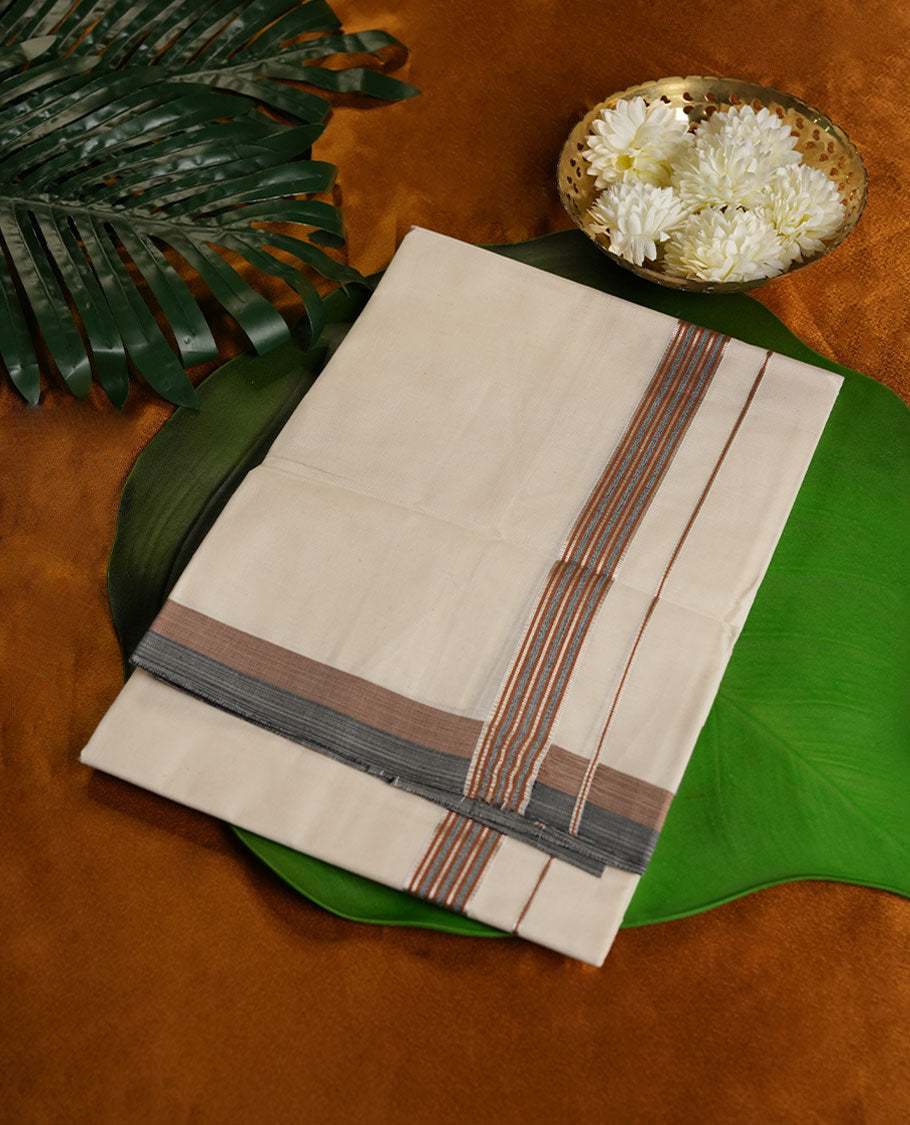 Cream Colour Pure Cotton single Dhoti with Brown and black Colour Border for Men