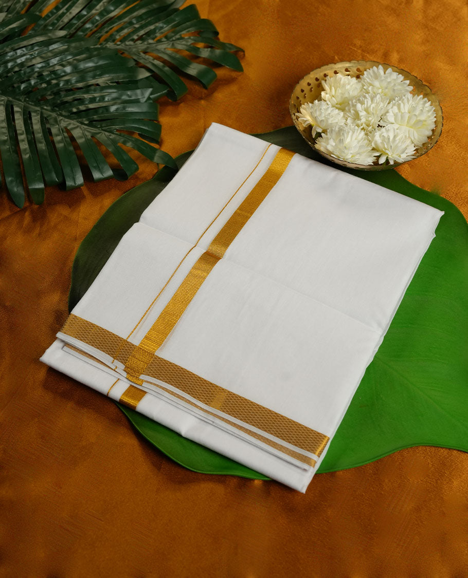 White Colour Pure Cotton single Dhoti with gold Colour simple Border for Men