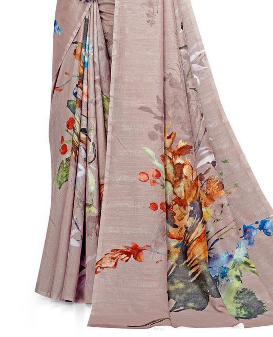 Pastel Onion colour Semi linen saree featuring vibrant multicolour floral digital prints on body and pallu, paired with a matching blouse.
