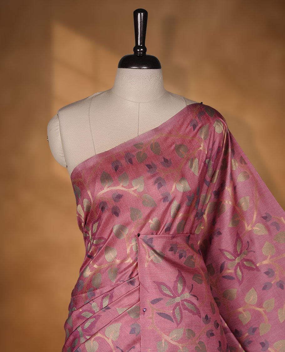 Pink colour semi jamdani tussar saree featuring woven Floral kodi & butterfly motifs on the body, complemented by a self colour without border pallu, paired with a matching blouse.