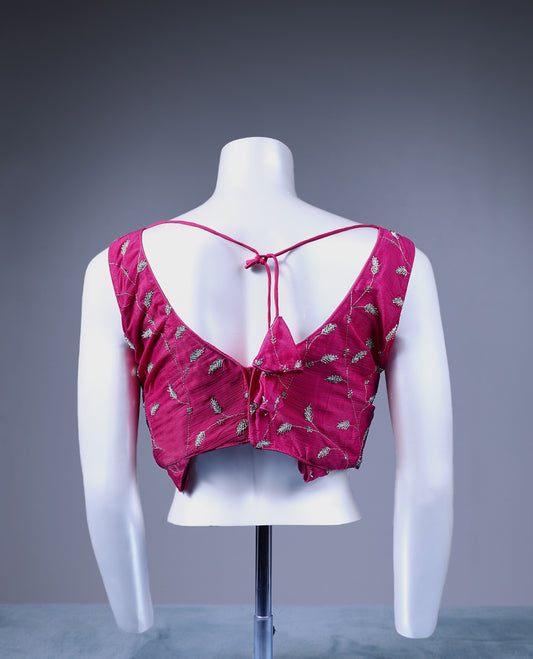Dark Magenta Colour Cut Bead Leaf Like Embroidery V Neck Design Attachable Sleeves Padded Ready Made Blouse.