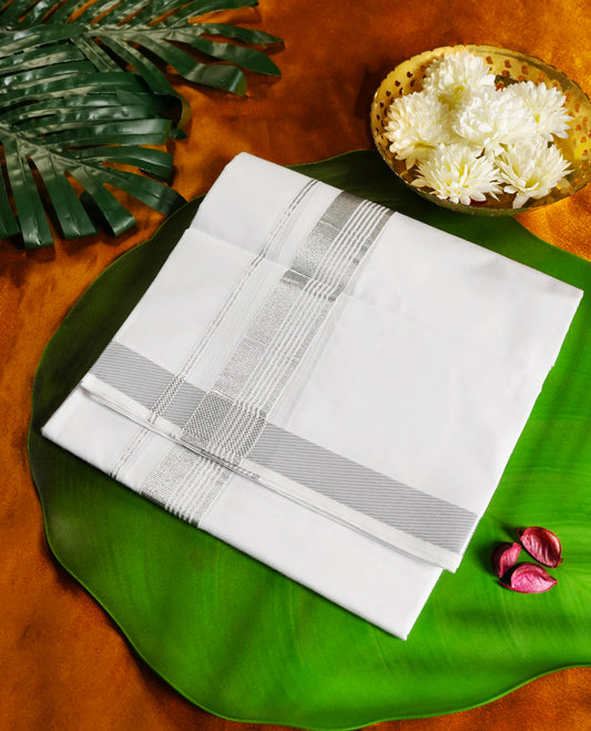 White colour cotton single dhoti featuring a refined silver kara with intricate double line detailing & Designed for daily comfort and traditional grace, ideal for rituals, cultural events, and festive wear.