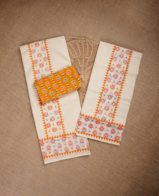 Cream colour cotton set mundu highlighting Orange colour geometric print border.