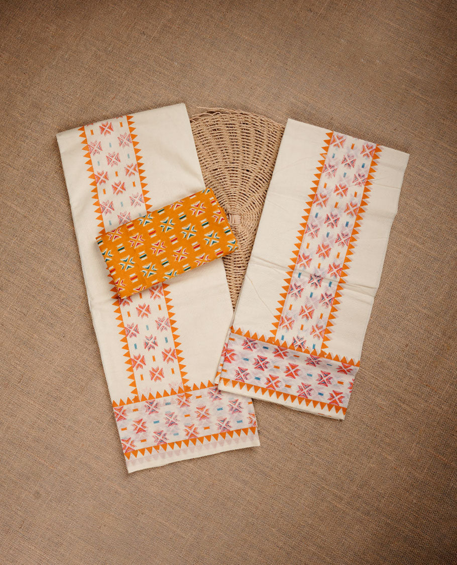Cream colour cotton set mundu highlighting Orange colour geometric print border.