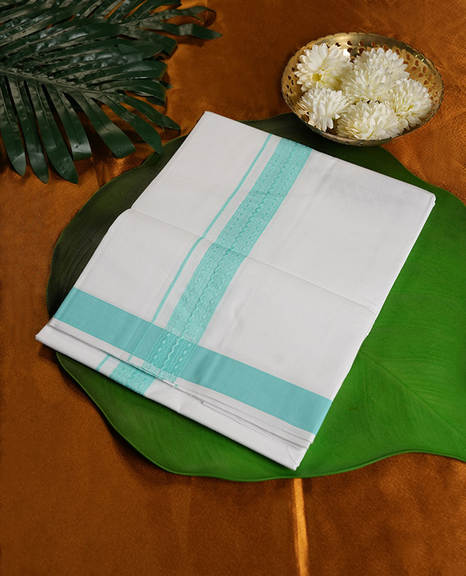 White Colour Pure Cotton single Dhoti with Light Green Colour Border for Men