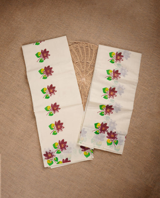 Cream colour cotton set mundu highlighting floral print on border.