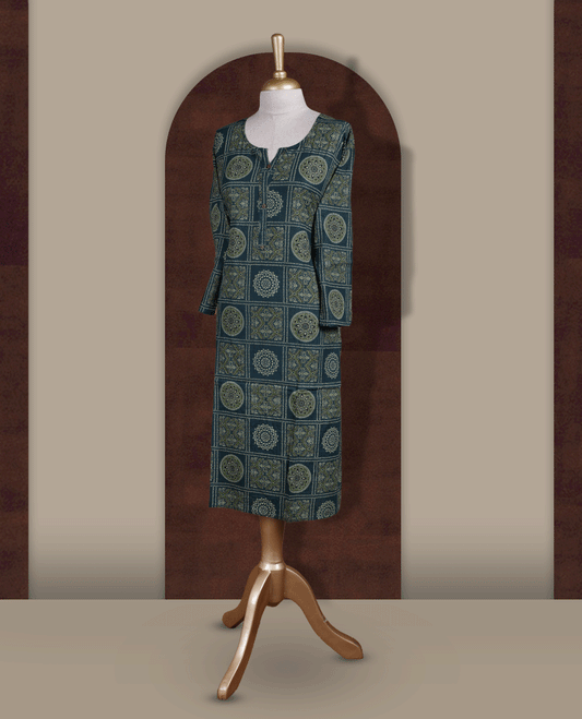 Dark green colour kurti featuring intricate olive, black & light green colour geometric and mandala block prints & Styled with a round neckline, front button placket, and 3/4 sleeves.
