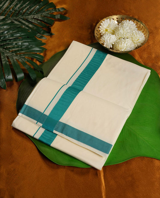 Cream Colour Pure Cotton single Dhoti with Green Colour Border for Men