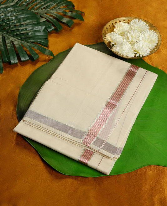 Cream Colour Pure Cotton double Dhoti with Pink and silver Colour Border for Men