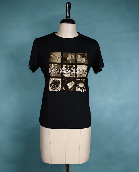 Black short sleeve T shirt with a round neck, featuring a sepia tone graphic grid design for a bold, artistic look.
