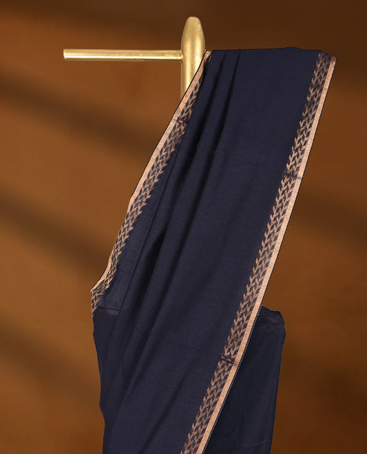 Navy Blue colour soft khadi cotton saree with plain body, detailed woven Gold zari border, paired pallu with tussles, with matching blouse.