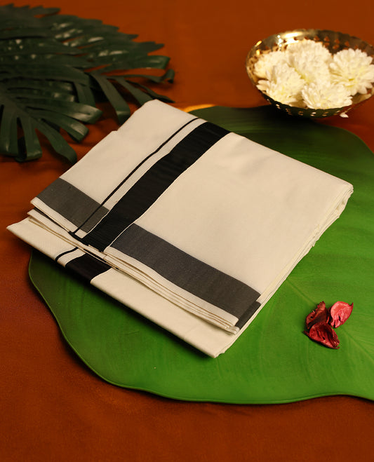 Light ivory Colour cotton single dhoti with 1.5 Inch Black kara, crafted for traditional elegance & comfort, for men.