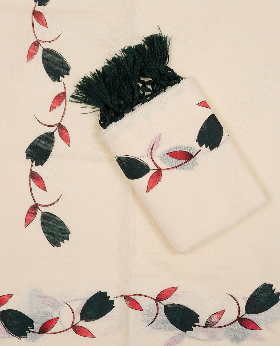 Off white colour Cotton Set Mund featuring a plain body, enhanced by a floral vine printed border.
