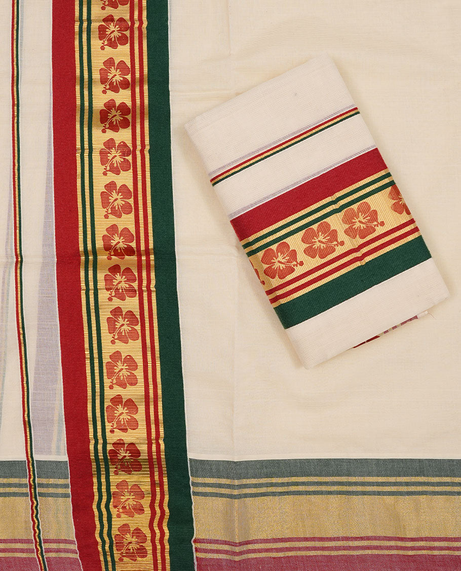 Off white colour Cotton Set Mund featuring a plain body, enhanced by a Green & maroon colour with floral print on zari border.