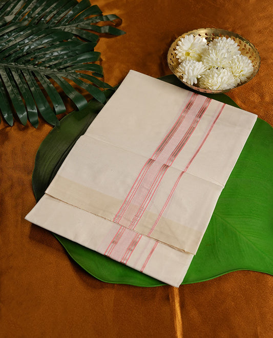 Cream Colour Pure Cotton single Dhoti with Pink and silver Colour Border for Men