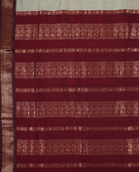 Grey colour mixed Kalyani cotton saree featuring Plain body, paired with a Maroon colour traditional border and pallu, with matching blouse
