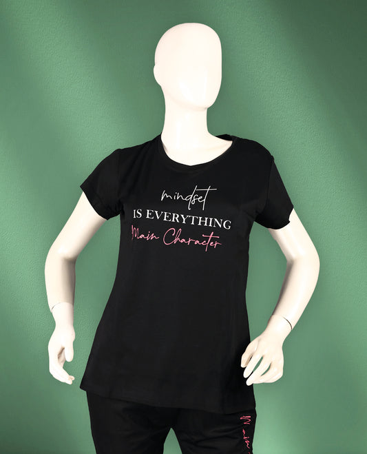 Black colour women's nightwear set featuring a round neck, short sleeves, and a motivational printed T-shirt paired with matching bottoms for comfort and style.