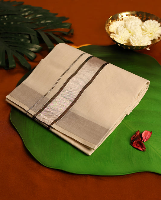 Light ivory Colour cotton double dhoti with 2 Inch light Rose Gold with Brown kara, crafted for traditional elegance & comfort, for men.