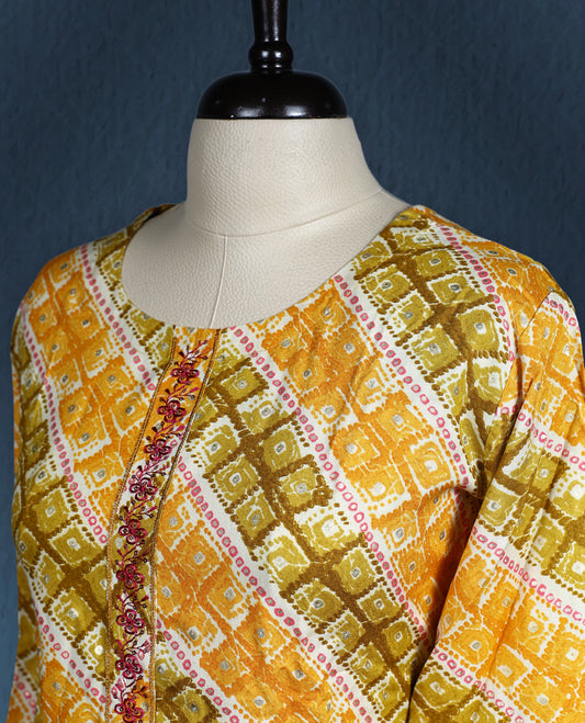 Multicolour kurti in shades of yellow, orange, and olive green, featuring an all over diagonal geometric print, accented with a round neckline and contrast embroidered placket, paired with three quarter sleeves