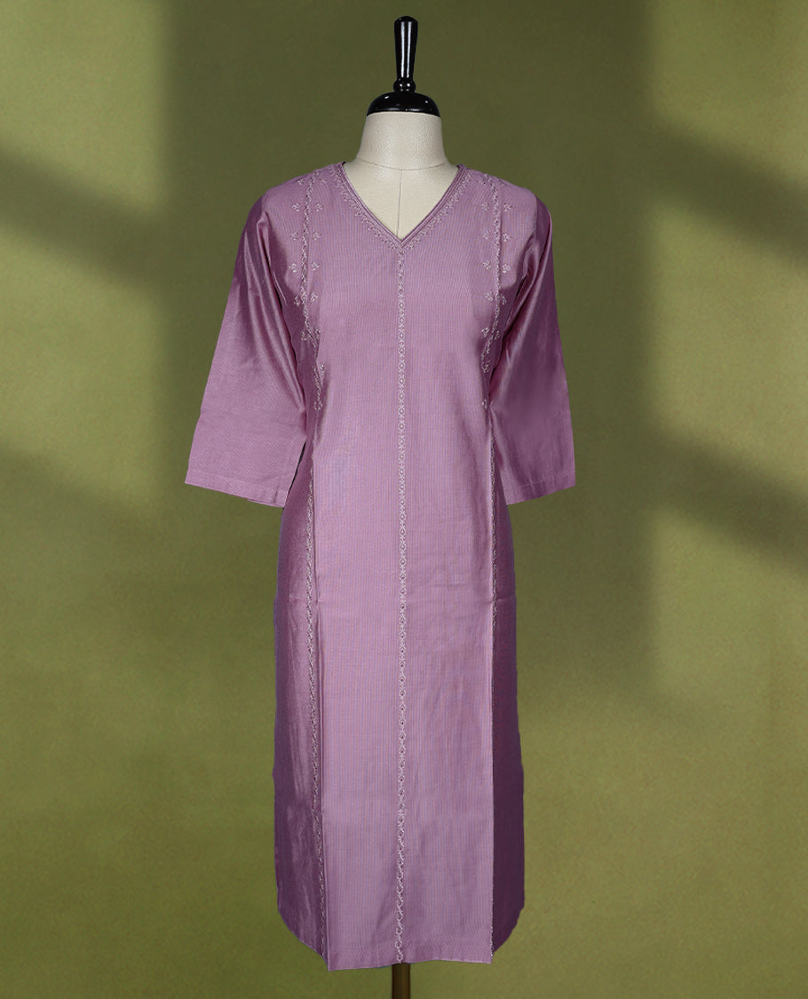 Onion pink Colour V neck Readymade kurti with embroidery work for women, featuring 3/4 sleeves.