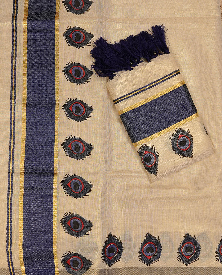 Cream colour Tissue silk set mund Featuring Elegant plain body, Complemented by Peacock print with blue colour & zari border.