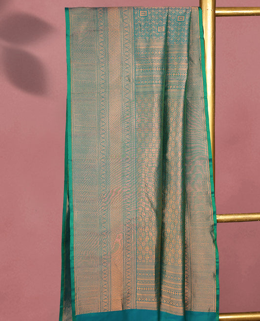 Aqua Colour Kancheepuram Silk Brocade Saree having Brocade Body with Self Coloured Brocade Border and Blouse