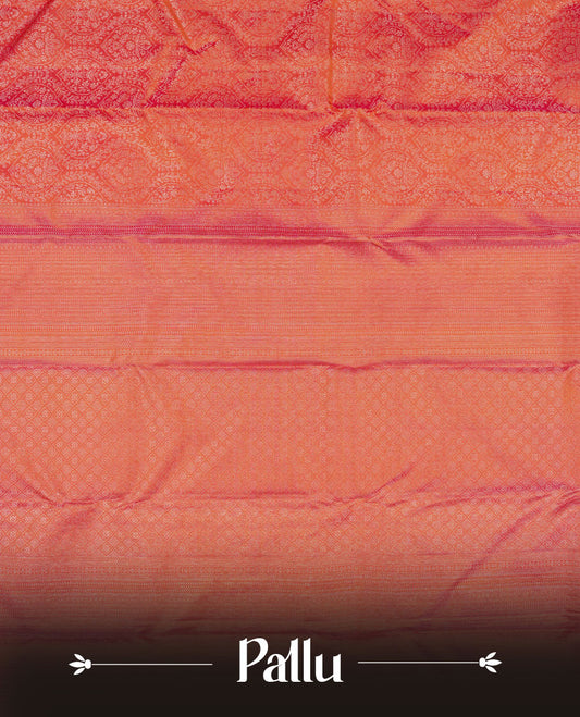 Peach pink colour Kanchipuram pattern Manthrakodi saree featuring diamond and geometric floral zari jacquard weaving design on the body, geometric self zari border and self zari jacquard blouse piece.