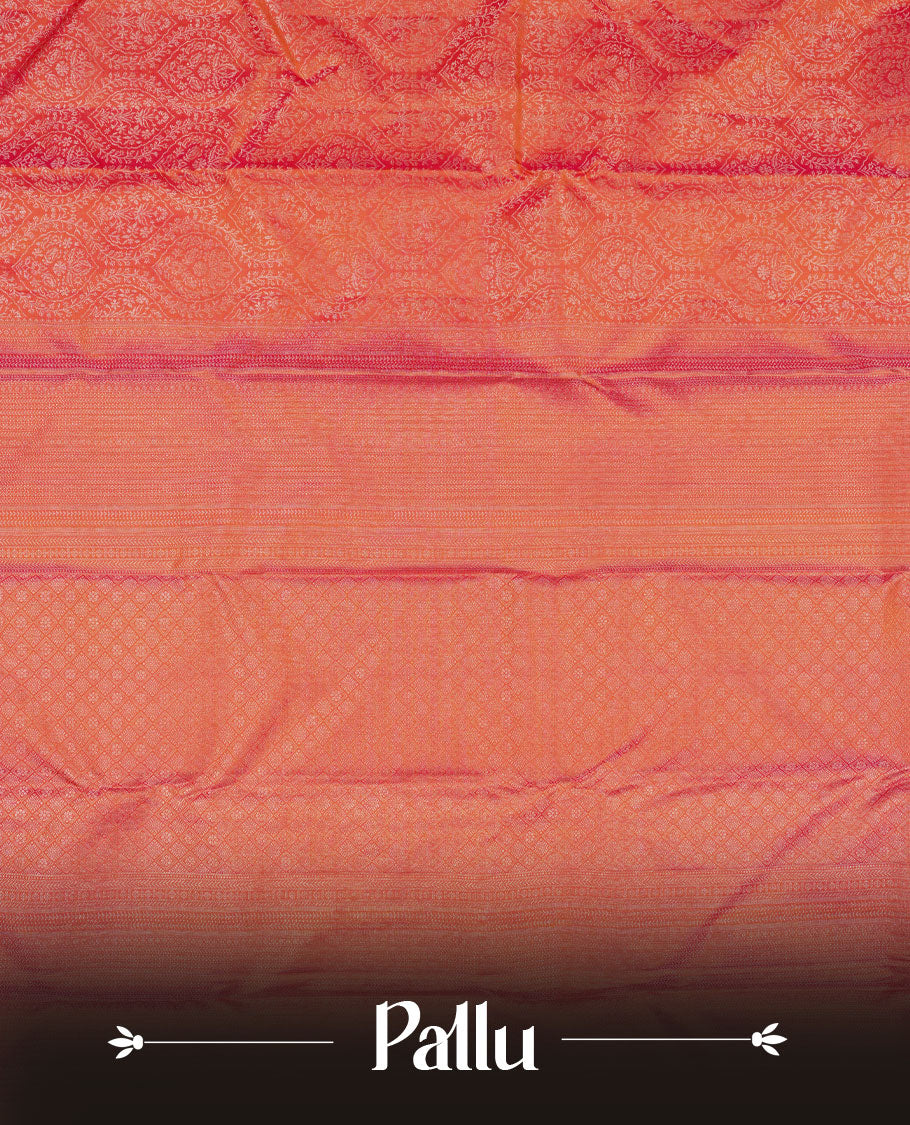 Peach pink colour Kanchipuram pattern Manthrakodi saree featuring diamond and geometric floral zari jacquard weaving design on the body, geometric self zari border and self zari jacquard blouse piece.