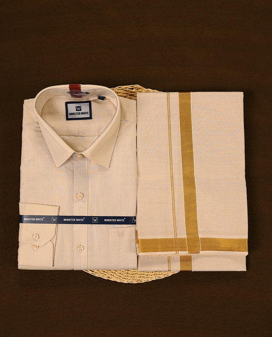 Beige tissue Full Sleeve shirt and matching dhoti set with smooth finish and golden tissue zari border giving a graceful and traditional appeal for festive and elegant occasions
