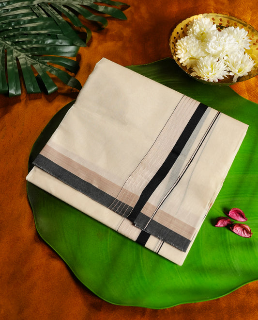 Beige colour cotton single dhoti featuring a bold black kara with elegant beige detailing & Designed for daily comfort and traditional grace, ideal for rituals, cultural events, and festive wear.