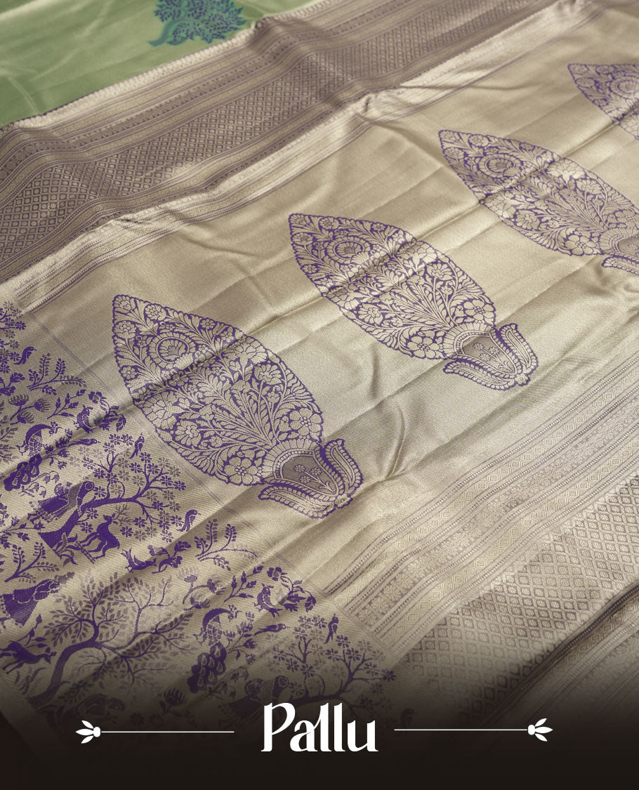 Light Green Tissue Saree, Intricate Butterfly Wing Printed Pallu, Green Forest Motif Border, Geometric Zari Design, with Matching Blouse
