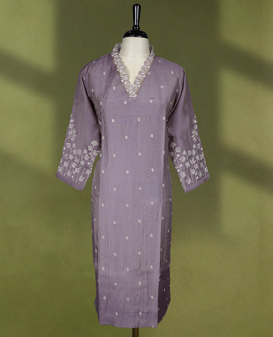 Pastel purple colour V neck Readymade kurta with embroidery and small thread buttas for women, featuring 3/4 sleeves.