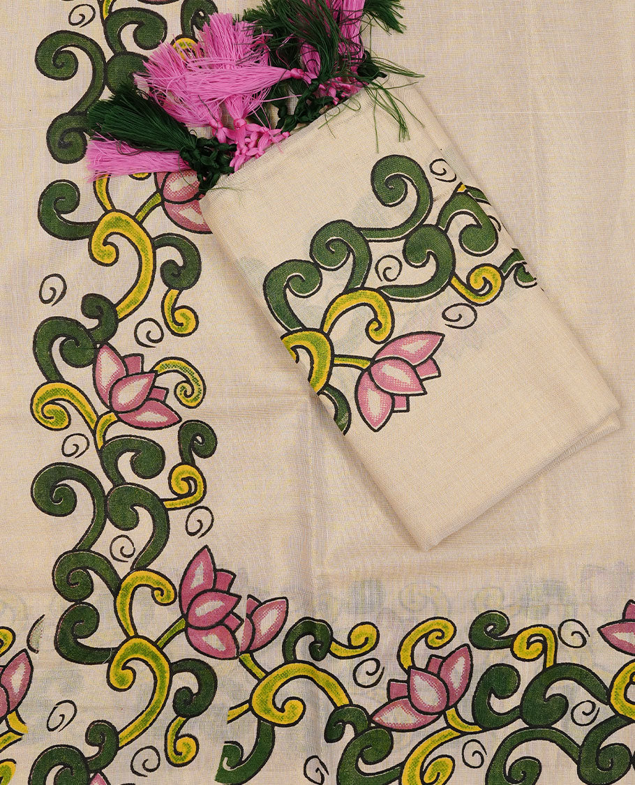 Cream colour Tissue silk set mund Featuring Elegant plain body, Complemented by Floral kodi print on border.